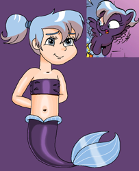 Size: 676x834 | Tagged: safe, artist:ocean lover, idw, imported from derpibooru, human, mermaid, friends forever, spoiler:comic, arm behind back, bandeau, bare shoulders, bashful, belly, belly button, blue eyes, blue hair, child, cute, fins, fish tail, happy, human coloration, humanized, innocent, light skin, loop de loop, mermaid tail, mermaidized, mermay, midriff, ms paint, ponytail, purple background, purple tail, reference, shy, simple background, sleeveless, smiling, species swap, tail, tail fin