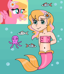Size: 706x825 | Tagged: safe, artist:mlplary6, artist:ocean lover, idw, imported from derpibooru, oc, oc:melody blossom, fish, human, mermaid, octopus, friends forever, spoiler:comic, arm behind back, bandeau, bare shoulders, bashful, belly, belly button, blonde hair, blue eyes, bubble, child, cute, fins, fish tail, flower, flower in hair, happy, human coloration, humanized, innocent, light skin, mermaid tail, mermaidized, mermay, midriff, ms paint, offspring, parent:big macintosh, parent:fluttershy, parents:fluttermac, pink tail, reference, shy, simple background, sleeveless, smiling, species swap, tail, tail fin, teal eyes, two toned hair, underwater, water