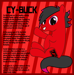Size: 1789x1812 | Tagged: safe, artist:cardshark777, imported from derpibooru, oc, oc only, oc:cy-buck, earth pony, pony, backstory, earth pony oc, lore, male, male oc, red coat, reference sheet, simple background, solo, tail, text, two toned mane, two toned tail