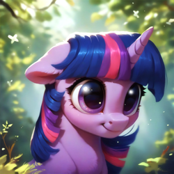 Size: 4096x4096 | Tagged: safe, imported from derpibooru, twilight sparkle, pony, unicorn, ai assisted, ai content, ai generated, beautiful, big eyes, blue mane, blushing, cute, detailed, ear fluff, fluffy, forest, generator:purplesmart.ai, generator:stable diffusion, horn, leaf, looking at you, nature, prompter:saltyvity, purple eyes, smiling, smiling at you, solo, sparkles, tree