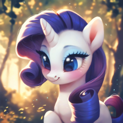 Size: 4096x4096 | Tagged: safe, imported from derpibooru, rarity, pony, unicorn, ai assisted, ai content, ai generated, autumn, beautiful, blue eyes, blushing, cute, detailed, ear fluff, eyeshadow, fluffy, forest, generator:purplesmart.ai, generator:stable diffusion, horn, leaf, makeup, nature, prompter:saltyvity, purple mane, smiling, solo, sparkles, tree