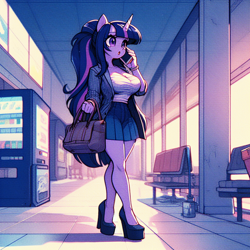 Size: 1024x1024 | Tagged: safe, imported from derpibooru, twilight sparkle, anthro, unicorn, adorasexy, ai content, ai generated, bag, big breasts, breasts, busty twilight sparkle, cellphone, cleavage, clothes, cute, female, handbag, high heels, horn, jacket, open mouth, phone, ponytail, prompter:horselover fat, purse, sexy, shirt, shoes, skirt, solo, talking on phone, tiled floor, vending machine, walking