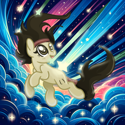 Size: 3500x3500 | Tagged: safe, artist:redpalette, imported from derpibooru, oc, oc:null, earth pony, earth pony oc, falling, female, headband, mare, ponytail, sgap, smiling, sogreatandpowerful, sparkle, stars, vibrant