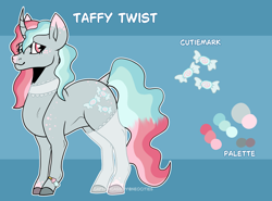 Size: 2320x1714 | Tagged: safe, artist:captaincassidy, imported from derpibooru, oc, oc only, oc:taffy twist, unicorn, big ears, blue background, blue mane, bracelet, cutie mark, freckles, gray coat, heterochromia, hooves, horn, jewelry, lace, lace collar, lace stockings, light gray coat, pink mane, reference sheet, simple background, tail, two toned mane, white lace