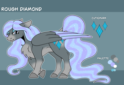 Size: 2903x2000 | Tagged: safe, artist:captaincassidy, imported from derpibooru, oc, oc only, oc:rough diamond, pegasus, female, gray coat, hooves, large wings, mare, pegasus oc, purple mane, reference sheet, solo, sparkly mane, tan coat, wings