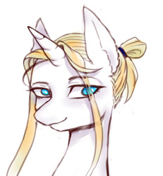 Size: 440x476 | Tagged: safe, artist:moshuijiumu, imported from derpibooru, oc, oc only, pony, unicorn, blonde hair, blue eyes, bust, horn, simple background, smiling, solo, unicorn oc, white background, white coat