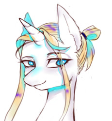 Size: 440x476 | Tagged: safe, artist:moshuijiumu, imported from derpibooru, oc, oc only, pony, unicorn, blonde hair, blue eyes, bust, horn, simple background, smiling, solo, unicorn oc, white background, white coat