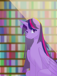 Size: 1500x2000 | Tagged: safe, artist:moshuijiumu, imported from derpibooru, twilight sparkle, alicorn, pony, bookshelf, female, folded wings, horn, mare, purple coat, smiling, solo, twilight sparkle (alicorn), wings