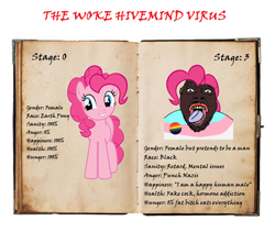 Size: 1436x1210 | Tagged: safe, edit, editor:666, pinkie pie, human, pony, bigot, black, faggot, female, humanized, infection, infection au, meme, nigger, soyjak, transphobia, vulgar, woke