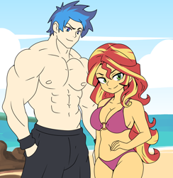 Size: 2750x2816 | Tagged: safe, artist:aokushan, imported from derpibooru, flash sentry, sunset shimmer, human, equestria girls, beach, bikini, breasts, busty sunset shimmer, clothes, female, flashimmer, flex sentry, male, muscles, muscular male, shipping, straight, swimming trunks, swimsuit, wristband