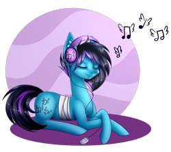 Size: 4500x4000 | Tagged: safe, artist:squishkitti, imported from derpibooru, oc, oc:despy, earth pony, pony, absurd resolution, female, headphones, lying down, mare, prone, solo