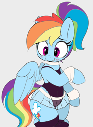 Size: 1997x2714 | Tagged: safe, artist:pabbley, color edit, edit, imported from derpibooru, rainbow dash, pegasus, pony, semi-anthro, alternate hairstyle, bipedal, blush lines, blushing, choker, clothes, colored, female, high res, hockless socks, leotard, looking down, mare, ponytail, rainbow dash always dresses in style, see-through, simple background, skirt, smiling, socks, solo, stockings, thigh highs, wide hips, wristband