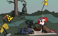 Size: 1440x906 | Tagged: safe, artist:thomas.senko, imported from derpibooru, oc, oc only, oc:red rocket, oc:thomas senko, pony, unicorn, fallout equestria, bandana, basket, blanket, blushing, bomb, boots, clothes, female, hammer, horn, male, picnic, shoes, wasteland, weapon