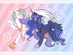 Size: 3464x2598 | Tagged: safe, artist:cao9591791, imported from derpibooru, princess celestia, princess luna, alicorn, pony, eyes closed, female, looking at each other, looking at someone, mare, outline, patterned background, royal sisters, siblings, sisters, smiling, smiling at each other