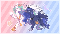 Size: 3800x2182 | Tagged: safe, artist:cao9591791, imported from derpibooru, princess celestia, princess luna, alicorn, pony, eyes closed, female, looking at each other, looking at someone, mare, outline, patterned background, royal sisters, siblings, sisters, smiling, smiling at each other