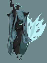 Size: 2598x3464 | Tagged: safe, artist:cao9591791, imported from derpibooru, queen chrysalis, changeling, changeling queen, bust, female, green background, mare, portrait, simple background, solo