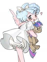Size: 1600x2133 | Tagged: safe, artist:恶役轮回中, imported from derpibooru, cozy glow, twilight sparkle, anthro, pegasus, bloomers, clothes, cozybetes, cute, dress, female, filly, foal, glasses, heart, hug, open mouth, plushie, simple background, smiling, solo, spread wings, twilight sparkle plushie, white background, wings