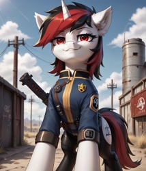 Size: 1097x1280 | Tagged: safe, imported from derpibooru, oc, oc:blackjack, pony, unicorn, fallout equestria, fallout equestria: project horizons, ai content, ai generated, blackjack, fanfic art, generator:pony diffusion v6 xl, generator:stable diffusion, horn, looking at you, outdoors, prompter:midnight dashie, smiling, solo, wasteland