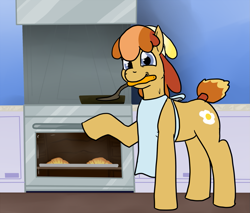 Size: 1411x1200 | Tagged: safe, artist:pony quarantine, imported from derpibooru, oc, oc only, oc:omelette, earth pony, pony, apron, baking, bread, clothes, croissant, food, gift art, indoors, kitchen, looking at you, male, mouth hold, oven, raised hoof, smiling, smiling at you, solo, spatula, stallion, tail, tail wrap