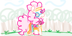 Size: 715x361 | Tagged: safe, artist:algoatall, pinkie pie, earth pony, pony, clothes, female, forest, hippie, mare, messy mane, peace symbol, pinktober, pinktober 2023, smiling, solo, sunglasses