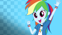 Size: 3840x2160 | Tagged: safe, artist:octosquish7260, imported from derpibooru, rainbow dash, human, equestria girls, 4k, alternate clothes, checkered background, clothes, collar, cutie mark, cutie mark on clothes, female, fist, hand, hands in the air, high res, jacket, long hair, my little pony equestria girls: choose your own ending, open mouth, open smile, shirt, short sleeves, smiling, solo, t-shirt, teenager, teeth, updated, vest, wristband