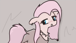Size: 717x401 | Tagged: safe, artist:algoatall, fluttershy, earth pony, pony, blushing, collar, ear piercing, earring, emo, female, jewelry, mare, messy mane, piercing, pinktober, pinktober 2023, smiling
