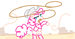 Size: 717x379 | Tagged: safe, artist:algoatall, pinkie pie, earth pony, pony, clothes, cowboy hat, cowgirl, desert, female, hat, lasso, mare, mouth hold, pinktober, pinktober 2023, rearing, rope