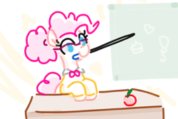 Size: 548x367 | Tagged: safe, artist:algoatall, pinkie pie, earth pony, pony, alternate hairstyle, apple, chalkboard, clothes, desk, female, food, glasses, hair bun, mare, mouth hold, pinktober, pinktober 2023, pointer, smiling, teacher, teaching