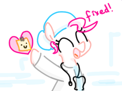Size: 532x401 | Tagged: safe, artist:algoatall, pinkie pie, earth pony, pony, ^^, eyes closed, female, happy, heart, mare, open mouth, pinktober, pinktober 2023, pointing, simple background, smiley face, smiling, surgeon, tape, text, white background, white coat