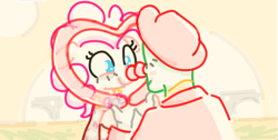 Size: 716x360 | Tagged: safe, artist:algoatall, pinkie pie, oc, oc:anon, earth pony, human, pony, balloon, clothes, clown makeup, clown nose, female, gloves, happy, hat, human male, male, mare, music video reference, parody, pinktober, pinktober 2023, smiling