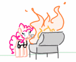 Size: 441x356 | Tagged: safe, artist:algoatall, pinkie pie, earth pony, pony, animated, female, fire, mare, mouth hold, pinktober, pinktober 2023, simple background, smiling, solo, spatula, this is fine, white background