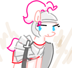 Size: 386x363 | Tagged: safe, artist:algoatall, pinkie pie, earth pony, pony, alternate hairstyle, armor, female, guard, guardsmare, mare, pinktober, pinktober 2023, royal guard, shield, simple background, solo, sword, weapon, white background