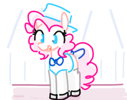 Size: 488x385 | Tagged: safe, artist:algoatall, pinkie pie, earth pony, pony, bow, clothes, female, happy, hat, hostess, mare, pinktober, pinktober 2023, simple background, smiling, socks, solo, tail bow, white background