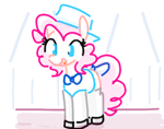 Size: 488x385 | Tagged: safe, artist:algoatall, pinkie pie, earth pony, pony, alternate hairstyle, bow, clothes, female, happy, hat, hostess, mare, pinktober, pinktober 2023, simple background, smiling, socks, solo, tail bow, white background