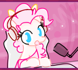 Size: 477x426 | Tagged: safe, artist:algoatall, pinkie pie, earth pony, pony, female, gamer, gamer chair, happy, headphones, mare, microphone, pinktober, pinktober 2023, smiling, solo, streamer