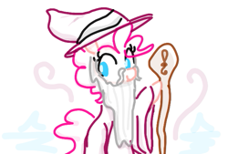 Size: 593x400 | Tagged: safe, artist:algoatall, pinkie pie, earth pony, pony, beard, cane, facial hair, female, hat, mare, pinktober, pinktober 2023, simple background, smiling, solo, white background, wizard, wizard hat, wizard robe