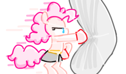 Size: 602x356 | Tagged: safe, artist:algoatall, pinkie pie, earth pony, pony, boxing gloves, clothes, female, gloves, hitting, mare, pinktober, pinktober 2023, punching bag, shorts, simple background, solo, white background