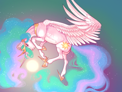Size: 1333x1000 | Tagged: safe, artist:snowberry, imported from derpibooru, princess celestia, alicorn, pony, abstract background, crown, curved horn, ethereal mane, female, flying, gold, horn, jewelry, mare, multicolored hair, pose, realistic anatomy, realistic horse legs, regalia, sparkles, sun, wings