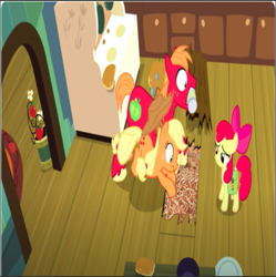 Size: 617x619 | Tagged: safe, edit, edited screencap, imported from derpibooru, screencap, apple bloom, applejack, big macintosh, earth pony, pony, season 7, the perfect pear, female, filly, foal, food, male, mare, meme, pasta, photoshop, stallion