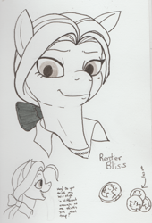 Size: 612x900 | Tagged: safe, artist:pony quarantine, imported from derpibooru, oc, oc only, oc:rentier bliss, earth pony, pony, bits, bow, female, grayscale, hair bow, implied dear darling, mare, monochrome, ponytail, smiling, solo, traditional art