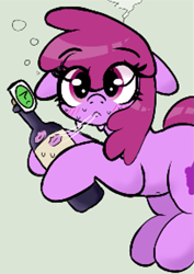 Size: 583x822 | Tagged: safe, artist:dowa, berry punch, berryshine, earth pony, pony, alcohol, belly button, blushing, bottle, looking at you, magma.com, solo, sweat