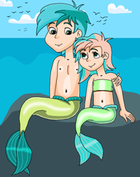 Size: 839x1063 | Tagged: safe, artist:ocean lover, imported from derpibooru, coral currents, sandbar, human, merboy, mermaid, merman, arm on shoulder, bandeau, bare midriff, bare shoulders, belly, belly button, boulder, brother and sister, chest, child, cloud, cute, female, fins, fish tail, friendship student, green eyes, green hair, human coloration, humanized, light skin, looking at each other, looking at someone, male, male and female, mermaid tail, mermaidized, mermanized, mermay, midriff, ms paint, ocean, outdoors, sibling bonding, sibling love, siblings, sitting, sky, sleeveless, smiling, smiling at each other, species swap, tail, tail fin, teenager, two toned hair, water, wave