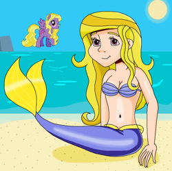 Size: 964x962 | Tagged: safe, artist:ocean lover, imported from derpibooru, lily blossom, human, mermaid, pegasus, bare shoulders, bashful, beach, beautiful, beautiful eyes, belly, belly button, blonde, bra, chest, clothes, cloud, curvy, cute, fins, fish tail, graceful, happy, hourglass figure, human coloration, humanized, light skin, long hair, looking at you, mermaid tail, mermaidized, mermay, midriff, ms paint, ocean, outdoors, pretty, purple eyes, sand, seashell, seashell bra, sitting, sky, sleeveless, smiling, smiling at you, species swap, sun, tail, tail fin, underwear, water, wave