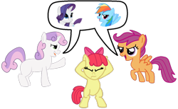 Size: 1180x726 | Tagged: safe, artist:princess-paige-place-of-fun, imported from derpibooru, apple bloom, rainbow dash, rarity, scootaloo, sweetie belle, earth pony, pegasus, pony, unicorn, argument, bipedal, bow, covering ears, cutie mark crusaders, debate, hair bow, horn, looking at each other, looking at someone, raised hoof, simple background, smiling, spread wings, transparent background, wings