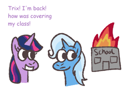 Size: 1411x1005 | Tagged: safe, artist:zoeyhorse, imported from derpibooru, trixie, twilight sparkle, alicorn, pony, unicorn, burning, bust, dialogue, duo, duo female, female, horn, inconvenient trixie, mare, open mouth, open smile, school, simple background, smiling, this ended in fire, twilight sparkle (alicorn), white background