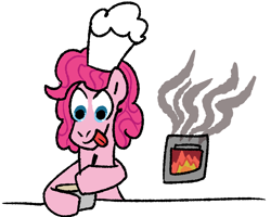 Size: 1808x1446 | Tagged: safe, artist:zoeyhorse, imported from derpibooru, pinkie pie, earth pony, pony, bowl, bust, chef's hat, female, fire, hat, hoof hold, mare, mixing bowl, oven, simple background, smoke, solo, tongue out, white background