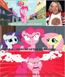 Size: 532x637 | Tagged: safe, imported from derpibooru, fluttershy, pinkie pie, rarity, earth pony, human, pegasus, unicorn, inspiration manifestation, season 2, season 4, the last roundup, angry, context in description, female, horn, irl, jim'll fix it, jimmy savile, mare, photo, pinkie promise