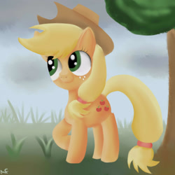 Size: 2500x2500 | Tagged: safe, artist:13light, imported from derpibooru, applejack, earth pony, pony, female, fog, mare, smiling, solo, standing, tree