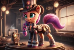 Size: 1216x832 | Tagged: safe, imported from derpibooru, sunny starscout, pony, ai content, ai generated, g5, generator:stable diffusion, hat, light, prompter:kluknawa235, smiling, standing, steam, steampunk, top hat, window, wooden floor