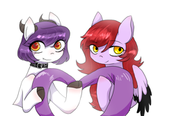 Size: 3000x2000 | Tagged: safe, artist:moshuijiumu, imported from derpibooru, oc, oc only, pegasus, pony, duo, duo female, female, holding, mare, orange eyes, purple coat, purple mane, red mane, smiling, white coat, yellow eyes